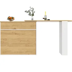 Table de Bar Pivotante - Meuble de Rangement Moderne - à Complète Rotatif, 3 Étagères Latérales, MDF - Blanc, 138-204x39x104 cm