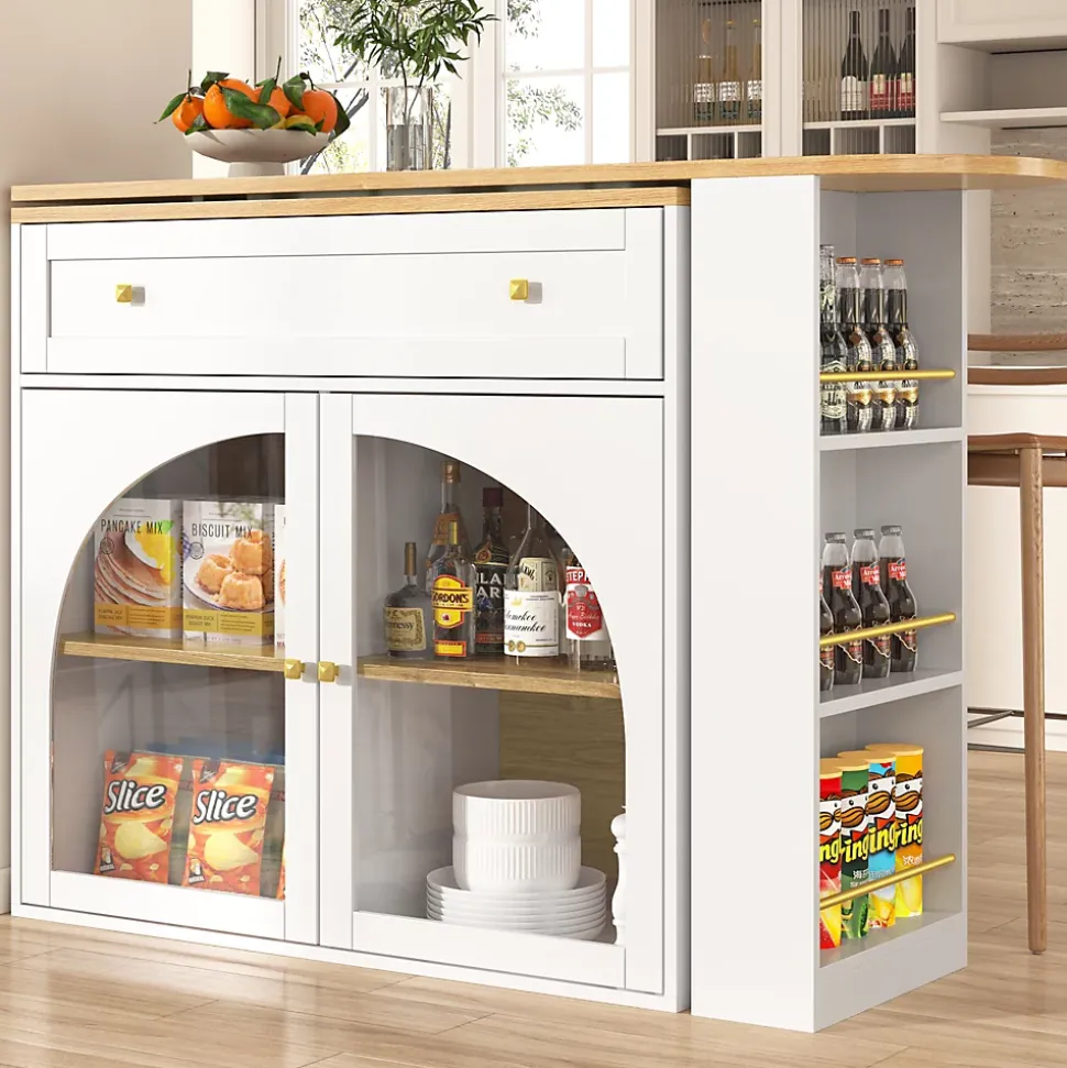 Table de Bar Pivotante - Meuble de Rangement Moderne - à Complète Rotatif, 3 Étagères Latérales, MDF - Blanc, 138-204x39x104 cm