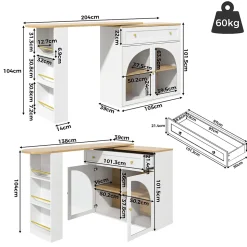 Table de Bar Pivotante - Meuble de Rangement Moderne - à Complète Rotatif, 3 Étagères Latérales, MDF - Blanc, 138-204x39x104 cm