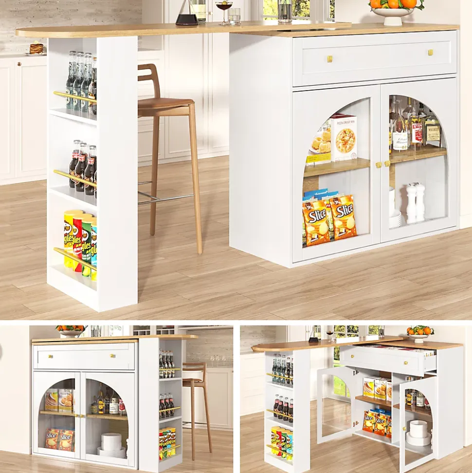 Table de Bar Pivotante - Meuble de Rangement Moderne - à Complète Rotatif, 3 Étagères Latérales, MDF - Blanc, 138-204x39x104 cm