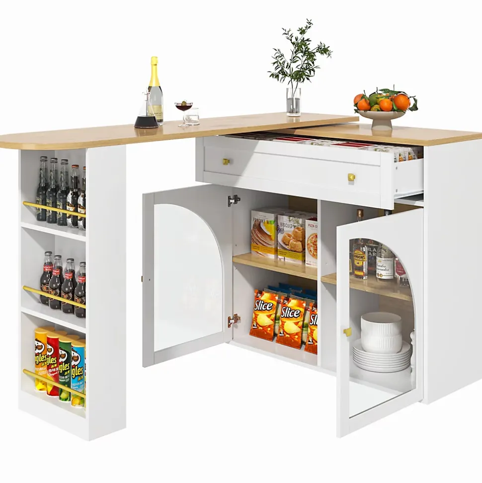 Table de Bar Pivotante - Meuble de Rangement Moderne - à Complète Rotatif, 3 Étagères Latérales, MDF - Blanc, 138-204x39x104 cm