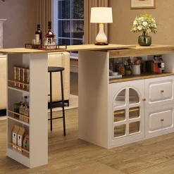 Table de bar pivotante avec 2 tiroirs et étagères, buffet de cuisine moderne MDF blanc 138-204x39x104 cm