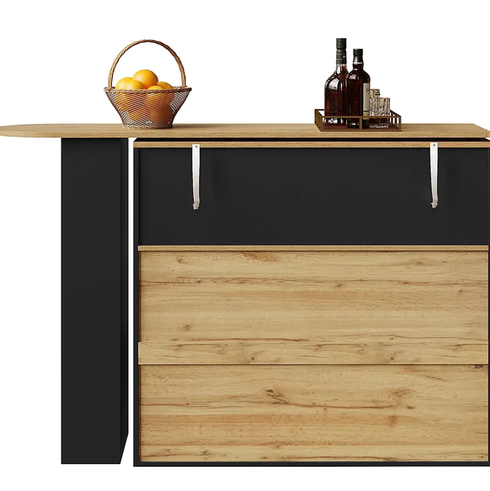 Table de bar pivotante avec 2 tiroirs et étagères, buffet de cuisine moderne MDF noir 138-204x39x104 cm