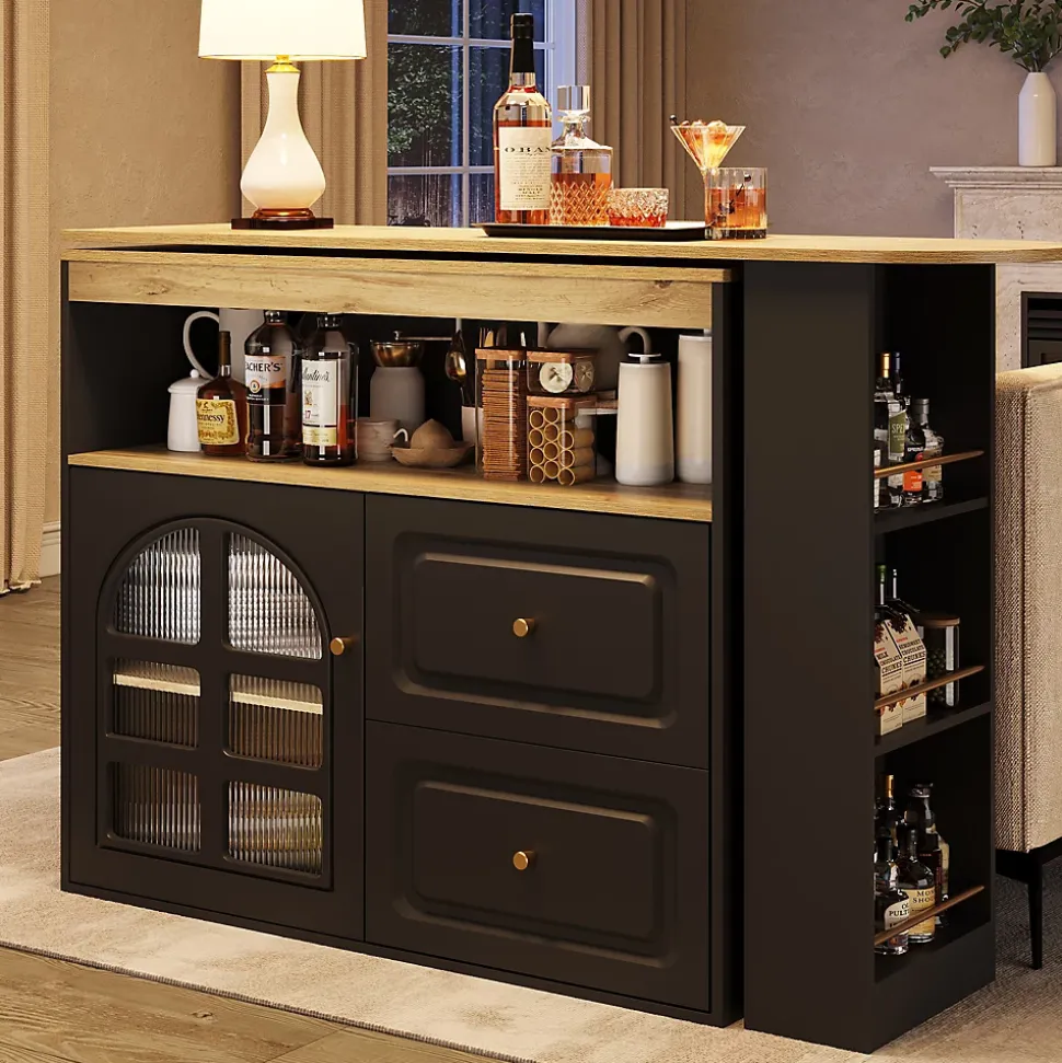 Table de bar pivotante avec 2 tiroirs et étagères, buffet de cuisine moderne MDF noir 138-204x39x104 cm