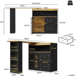 Table de bar pivotante avec 2 tiroirs et étagères, buffet de cuisine moderne MDF noir 138-204x39x104 cm