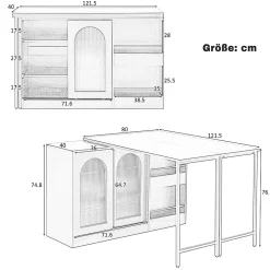 Table de Bar Pivotante avec Rangements Intégrés,Transformable en Table à Manger, Portes Vitrées - Blanc - 121x40x74.8 cm