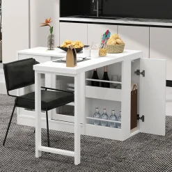 Table de Bar Pivotante avec Rangements Intégrés,Transformable en Table à Manger, Portes Vitrées - Blanc - 121x40x74.8 cm
