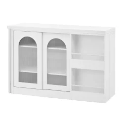 Table de Bar Pivotante avec Rangements Intégrés,Transformable en Table à Manger, Portes Vitrées - Blanc - 121x40x74.8 cm