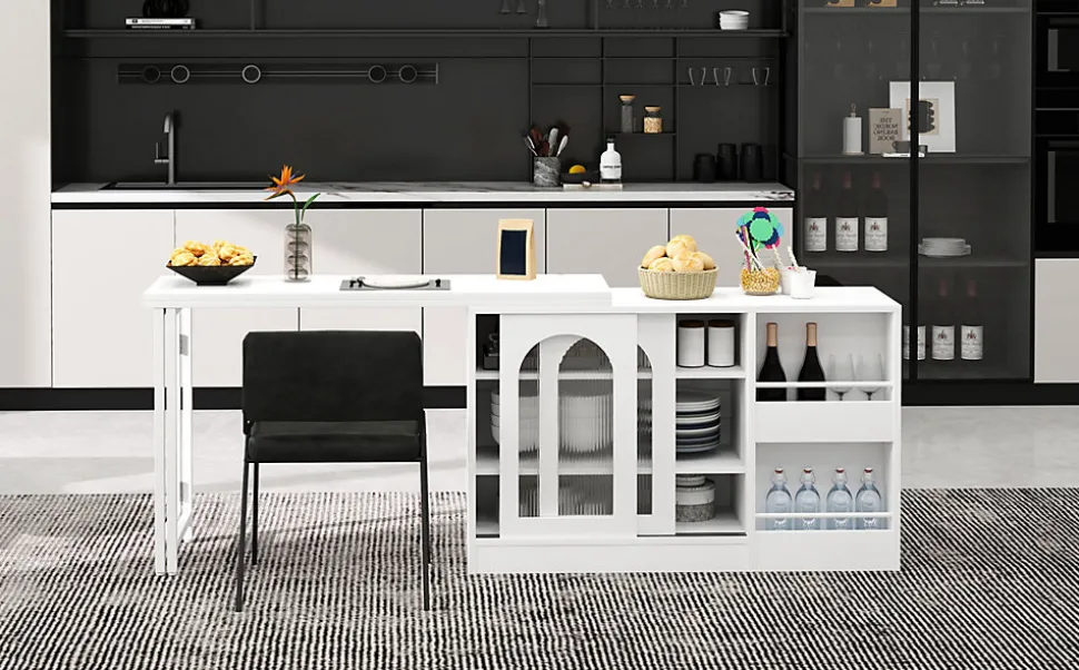 Table de Bar Pivotante avec Rangements Intégrés,Transformable en Table à Manger, Portes Vitrées - Blanc - 121x40x74.8 cm