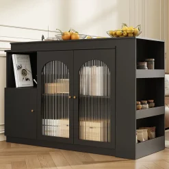 Table de Bar Pivotante avec Rangement Latéral et Vitrine en Verre Cannelé, Moderne pour Cuisine et Salon, MDF, Noir, 120x40x97 cm