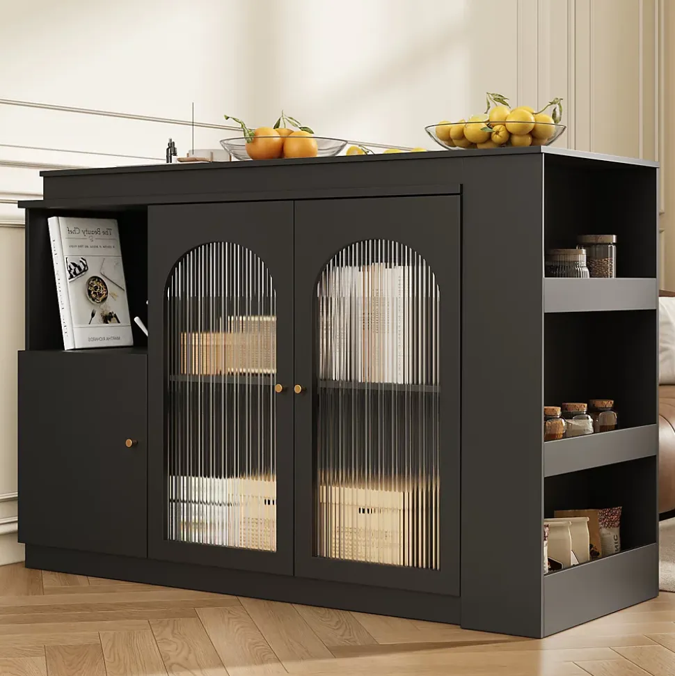 Table de Bar Pivotante avec Rangement Latéral et Vitrine en Verre Cannelé, Moderne pour Cuisine et Salon, MDF, Noir, 120x40x97 cm