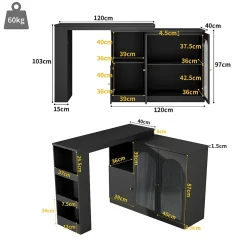 Table de Bar Pivotante avec Rangement Latéral et Vitrine en Verre Cannelé, Moderne pour Cuisine et Salon, MDF, Noir, 120x40x97 cm