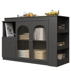 Table de Bar Pivotante avec Rangement Latéral et Vitrine en Verre Cannelé, Moderne pour Cuisine et Salon, MDF, Noir, 120x40x97 cm