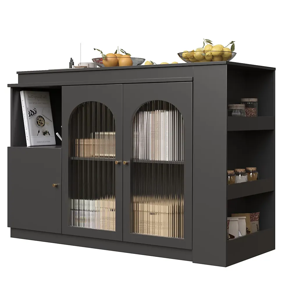 Table de Bar Pivotante avec Rangement Latéral et Vitrine en Verre Cannelé, Moderne pour Cuisine et Salon, MDF, Noir, 120x40x97 cm