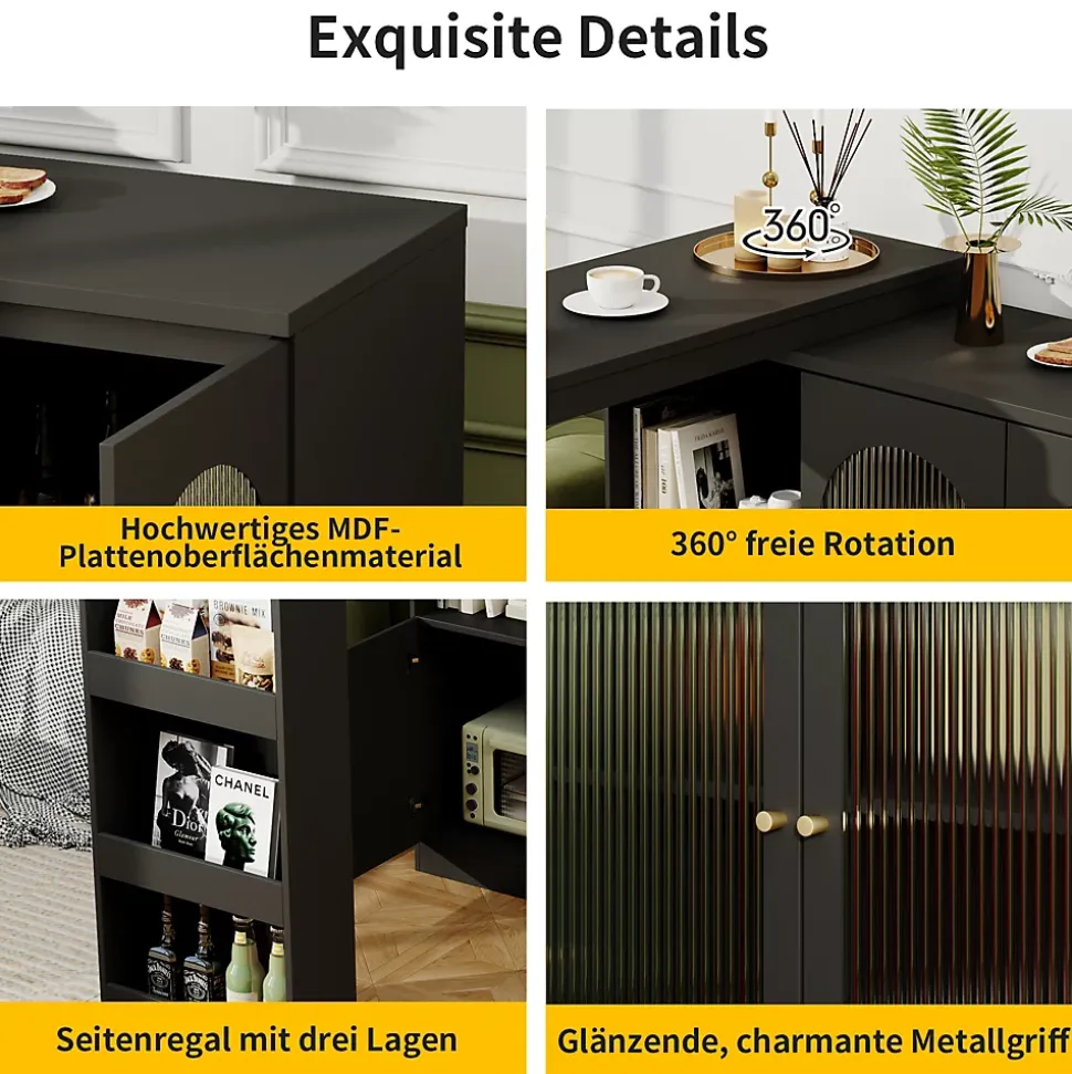 Table de Bar Pivotante avec Rangement Latéral et Vitrine en Verre Cannelé, Moderne pour Cuisine et Salon, MDF, Noir, 120x40x97 cm