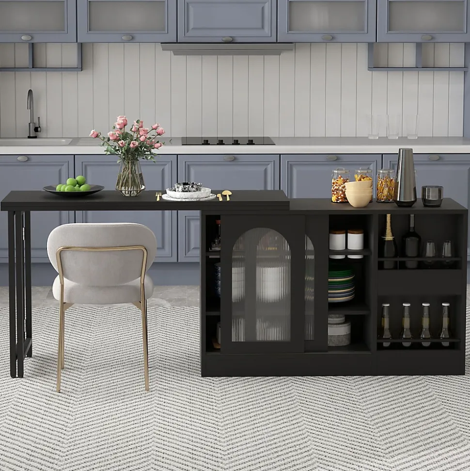 Table de Bar Pivotante avec Rangements Intégrés,Transformable en Table à Manger, Portes Vitrées - Noir - 121x40x74.8 cm