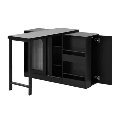 Table de Bar Pivotante avec Rangements Intégrés,Transformable en Table à Manger, Portes Vitrées - Noir - 121x40x74.8 cm