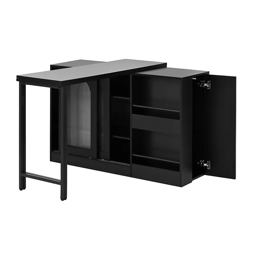Table de Bar Pivotante avec Rangements Intégrés,Transformable en Table à Manger, Portes Vitrées - Noir - 121x40x74.8 cm