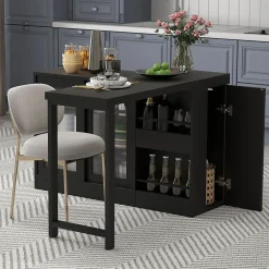 Table de Bar Pivotante avec Rangements Intégrés,Transformable en Table à Manger, Portes Vitrées - Noir - 121x40x74.8 cm