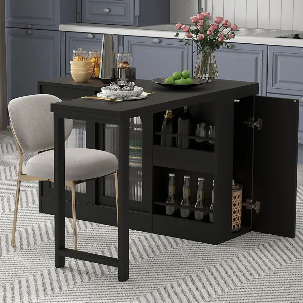 Table de Bar Pivotante avec Rangements Intégrés,Transformable en Table à Manger, Portes Vitrées - Noir - 121x40x74.8 cm