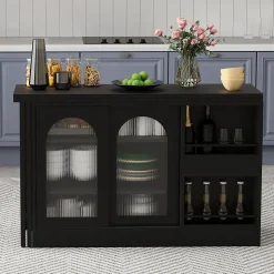 Table de Bar Pivotante avec Rangements Intégrés,Transformable en Table à Manger, Portes Vitrées - Noir - 121x40x74.8 cm