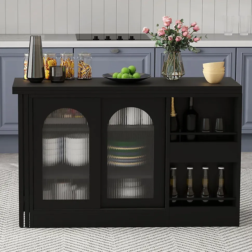 Table de Bar Pivotante avec Rangements Intégrés,Transformable en Table à Manger, Portes Vitrées - Noir - 121x40x74.8 cm