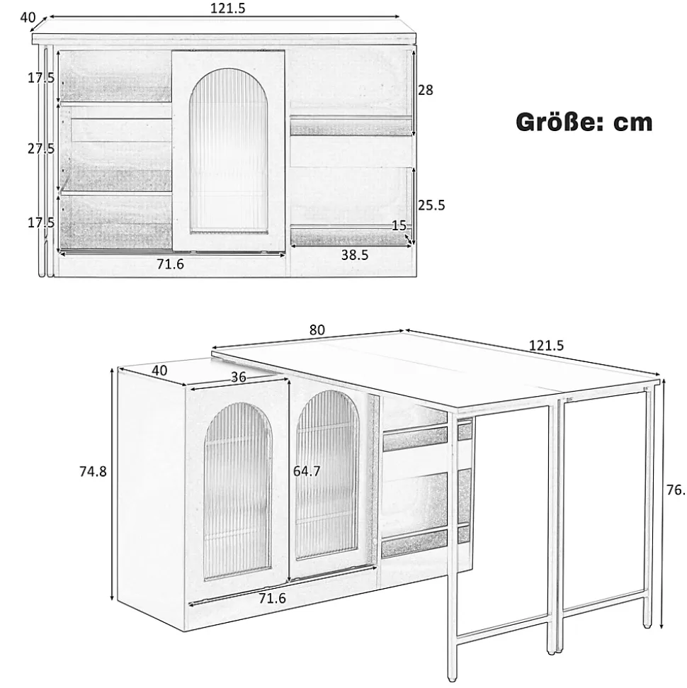 Table de Bar Pivotante avec Rangements Intégrés,Transformable en Table à Manger, Portes Vitrées - Noir - 121x40x74.8 cm