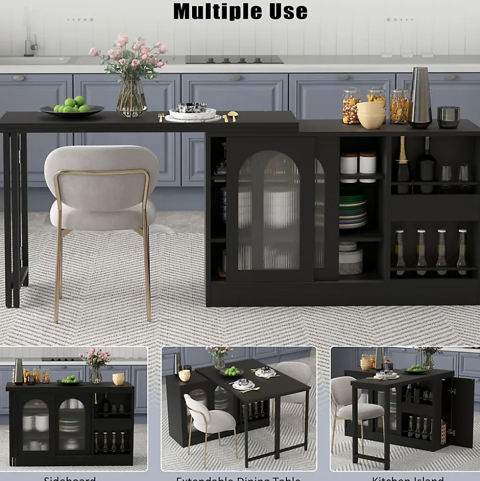 Table de Bar Pivotante avec Rangements Intégrés,Transformable en Table à Manger, Portes Vitrées - Noir - 121x40x74.8 cm