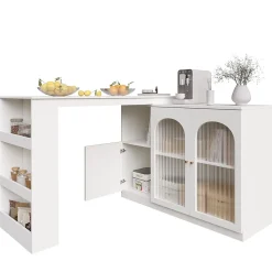 Table de Bar Pivotante Moderne avec Vitrine en Verre Cannelé et Rangement Latéral, Meuble Bar Blanc, MDF, 120x40x97 cm