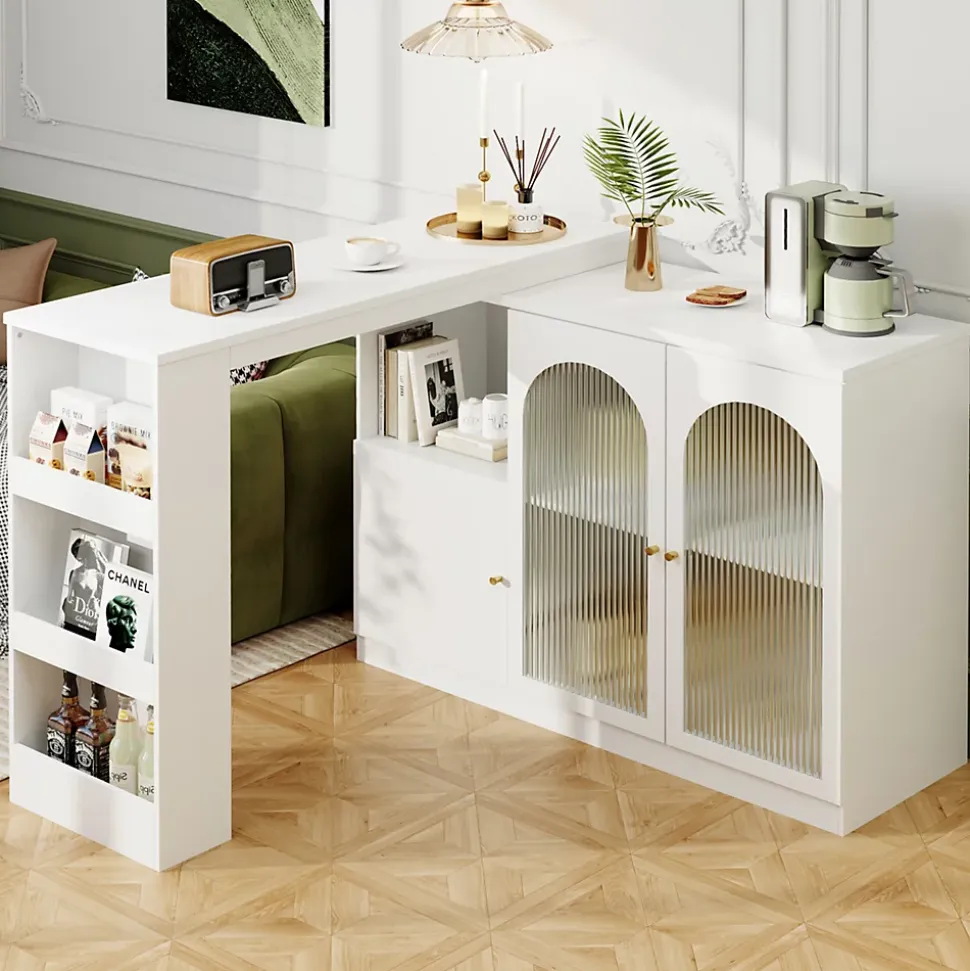 Table de Bar Pivotante Moderne avec Vitrine en Verre Cannelé et Rangement Latéral, Meuble Bar Blanc, MDF, 120x40x97 cm