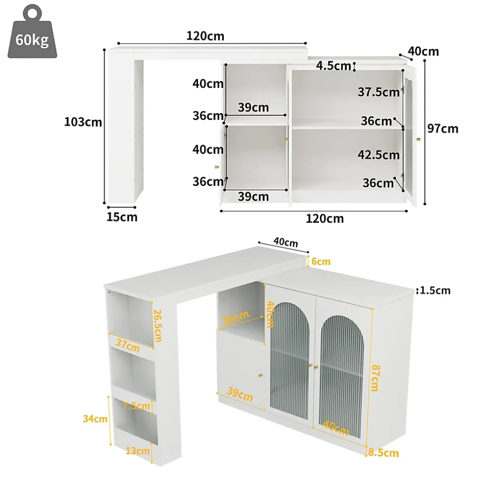 Table de Bar Pivotante Moderne avec Vitrine en Verre Cannelé et Rangement Latéral, Meuble Bar Blanc, MDF, 120x40x97 cm