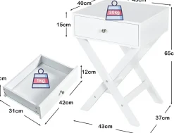 Table de Chevet avec Tiroir de Rangement,avec Pieds en Forme de X,Poignée et Barres Connexion,pour Chambre,45,5X40,5X65CM,Blanc