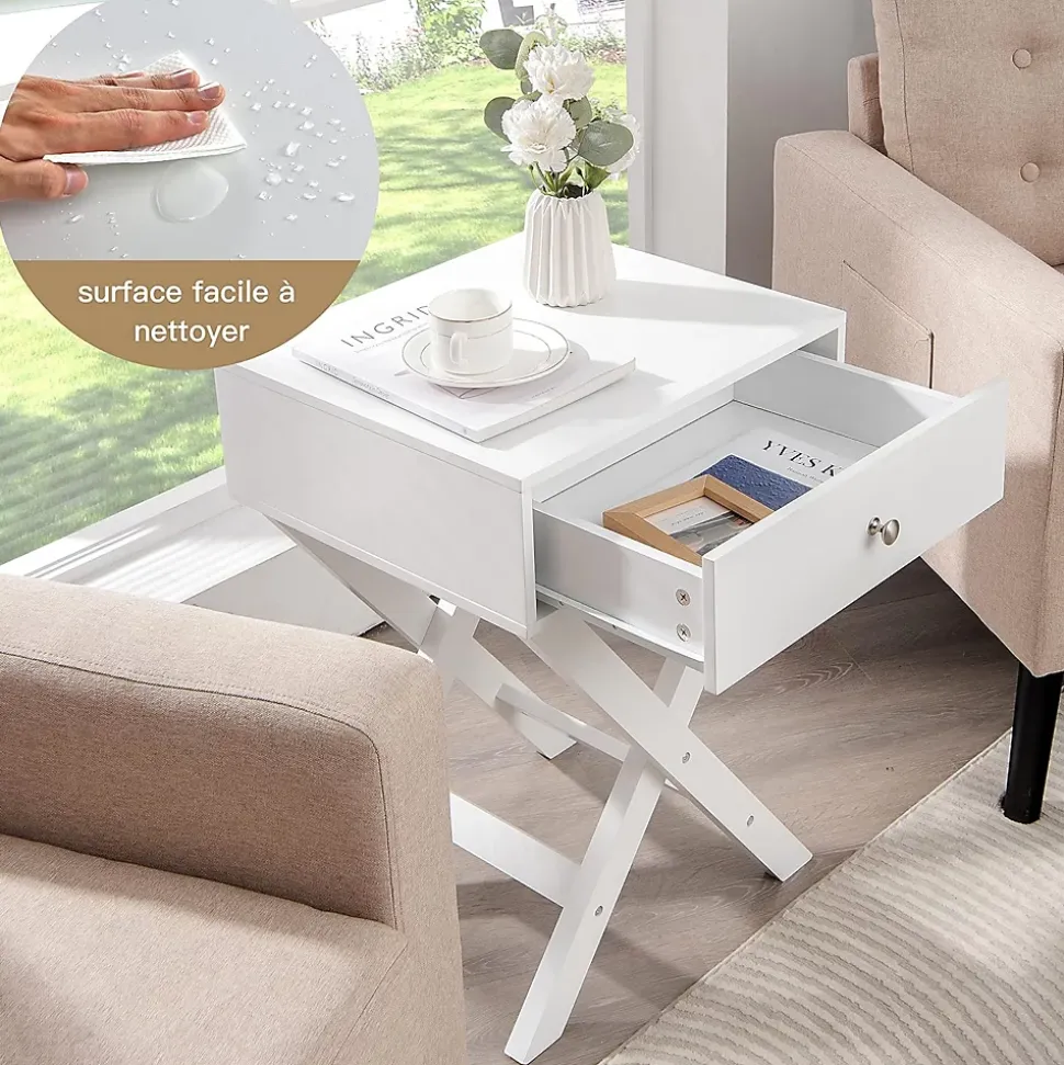 Table de Chevet avec Tiroir de Rangement,avec Pieds en Forme de X,Poignée et Barres Connexion,pour Chambre,45,5X40,5X65CM,Blanc