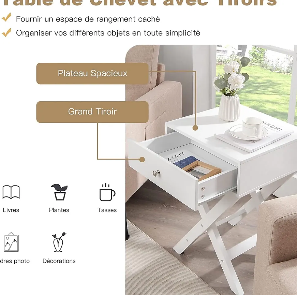 Table de Chevet avec Tiroir de Rangement,avec Pieds en Forme de X,Poignée et Barres Connexion,pour Chambre,45,5X40,5X65CM,Blanc