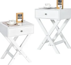 Table de Chevet avec Tiroir de Rangement,avec Pieds en Forme de X,Poignée et Barres Connexion,pour Chambre,45,5X40,5X65CM,Blanc