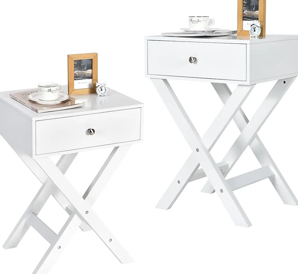 Table de Chevet avec Tiroir de Rangement,avec Pieds en Forme de X,Poignée et Barres Connexion,pour Chambre,45,5X40,5X65CM,Blanc