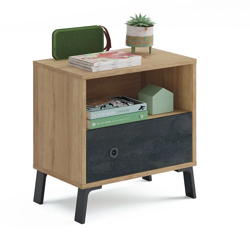 Table de chevet coloris chêne doré / imitation marbre - Hauteur 52 x Longueur 50 x Profondeur 35 cm
