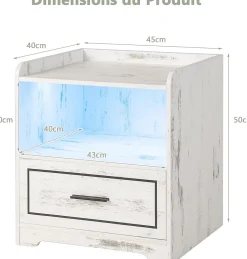 Table de Chevet LED 3 Couleurs Induction Corporelle Table de Nuit avec 2 Ports USB