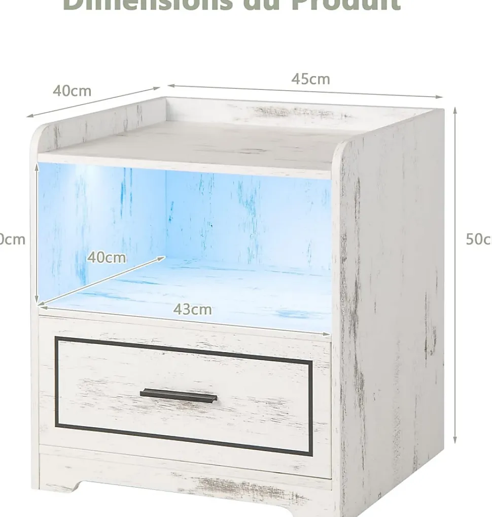 Table de Chevet LED 3 Couleurs Induction Corporelle Table de Nuit avec 2 Ports USB