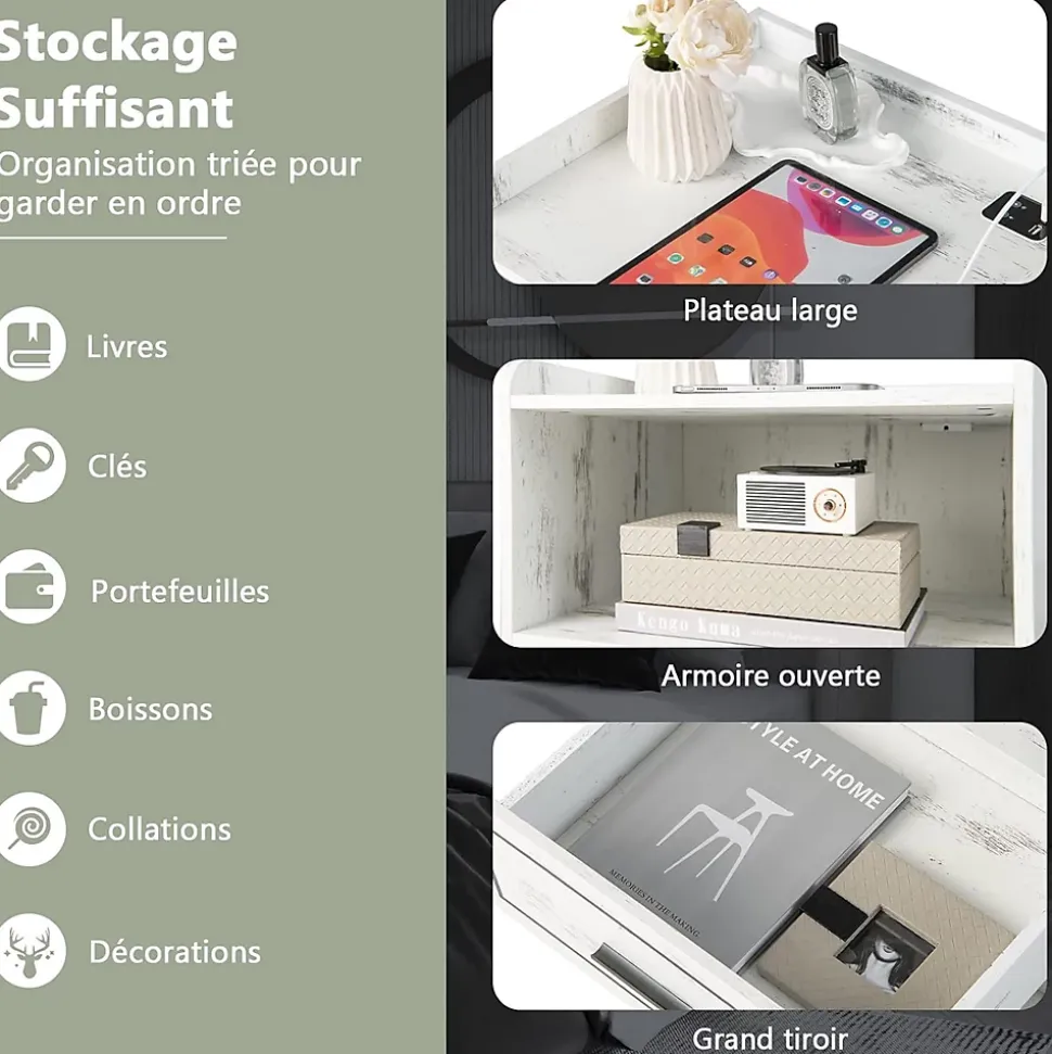 Table de Chevet LED 3 Couleurs Induction Corporelle Table de Nuit avec 2 Ports USB