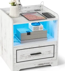 Table de Chevet LED 3 Couleurs Induction Corporelle Table de Nuit avec 2 Ports USB