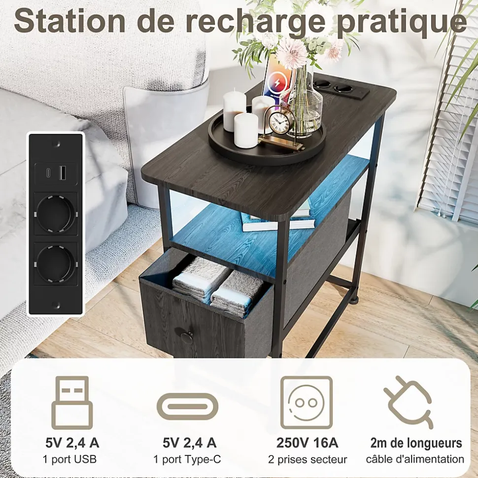 Table de Chevet Moderne avec LED, Tiroirs, Passage de Câbles, Plateau Multifonction, Poignées Dorées, Noir