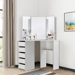 Table de coiffeuse maquillage blanc avec miroir tiroirs et étagères de stockage