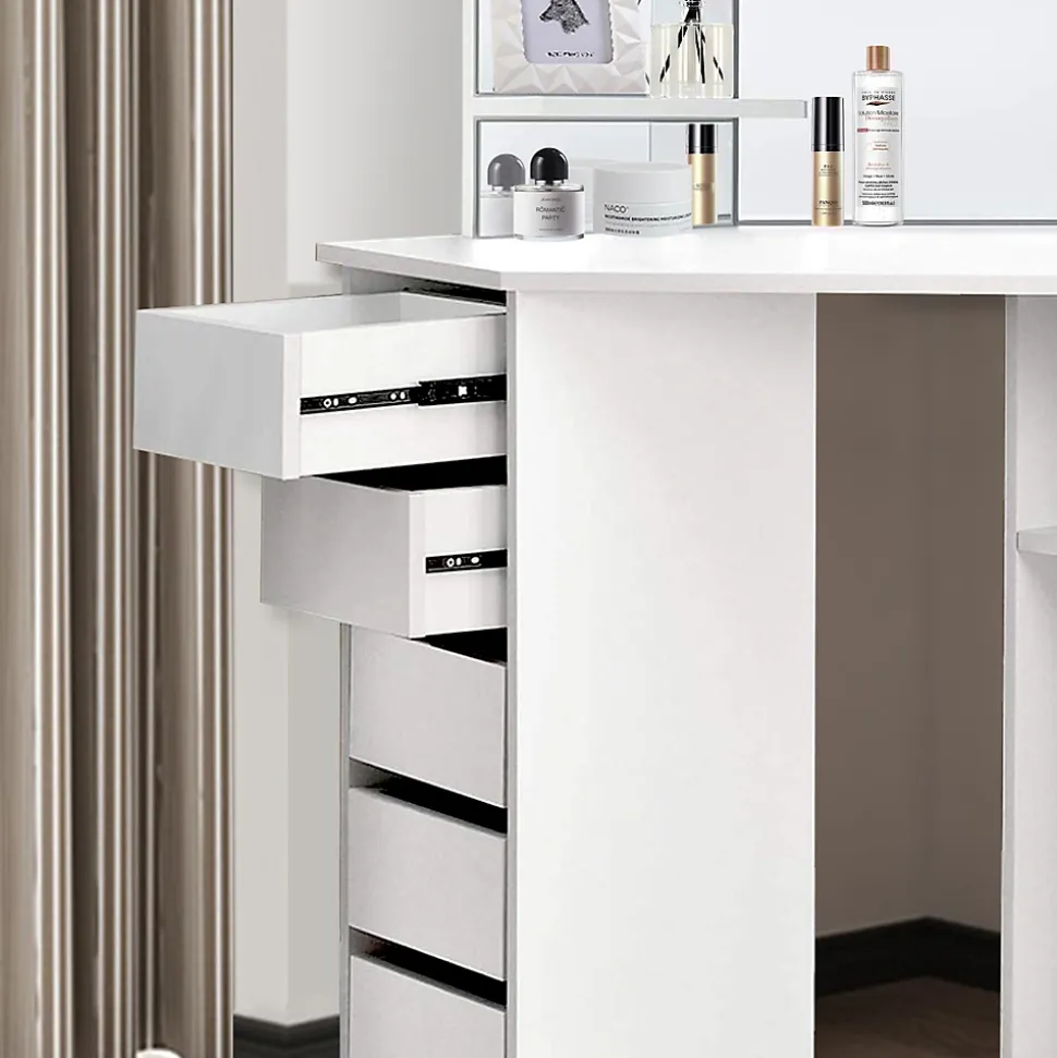 Table de coiffeuse maquillage blanc avec miroir tiroirs et étagères de stockage