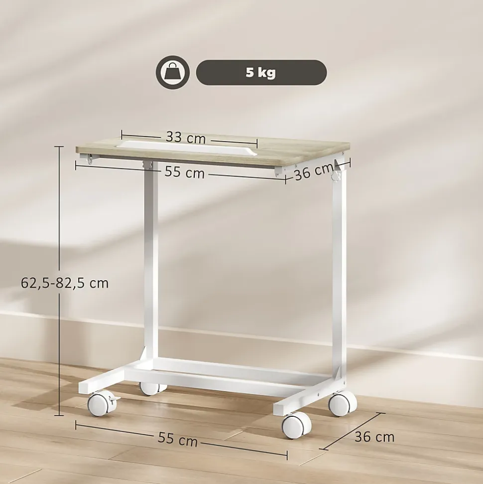 Table de lit mobile - table pour ordinateur portable - hauteur réglable, plateau inclinable - métal blanc effet bois