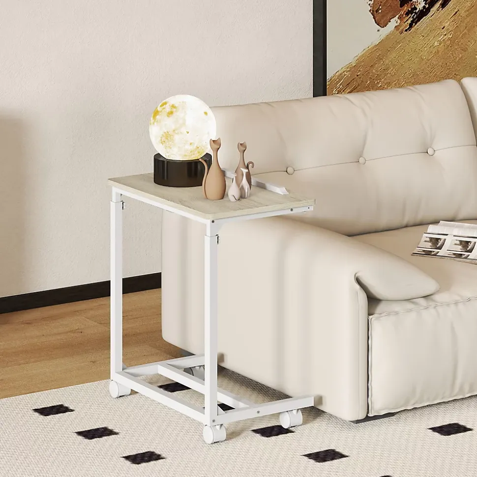 Table de lit mobile - table pour ordinateur portable - hauteur réglable, plateau inclinable - métal blanc effet bois