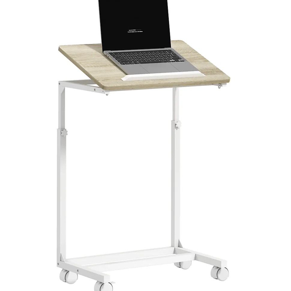 Table de lit mobile - table pour ordinateur portable - hauteur réglable, plateau inclinable - métal blanc effet bois