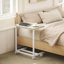 Table de lit mobile - table pour ordinateur portable - hauteur réglable, plateau inclinable - métal blanc effet bois