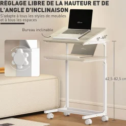 Table de lit mobile - table pour ordinateur portable - hauteur réglable, plateau inclinable - métal blanc effet bois