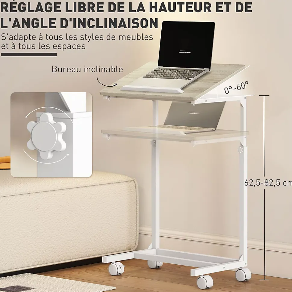 Table de lit mobile - table pour ordinateur portable - hauteur réglable, plateau inclinable - métal blanc effet bois